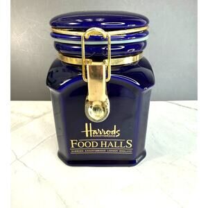 Harrod's Ceramic Airtight TEA Canister Hinge-Lock Lid Gold Tone Hardware